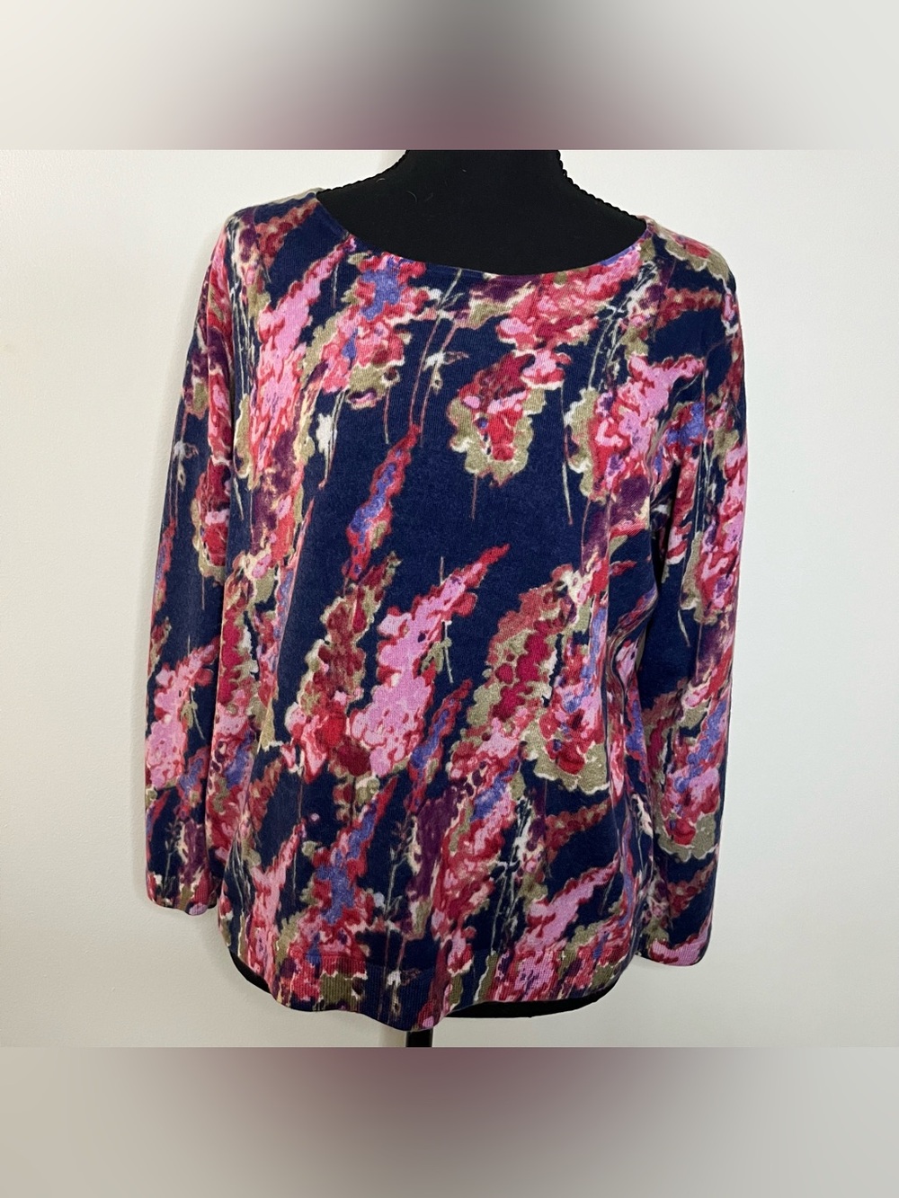 Talbot's Woman Blue Pink Green Floral Pure Merino Wool Lightweight Sweater 1X